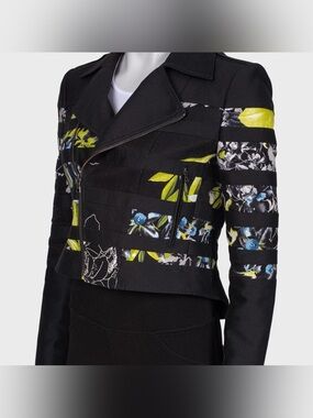 BCBGMAXAZRIA Tess Stripe Floral Moto Jacket Size M Black